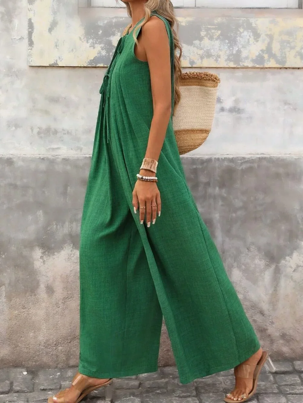 Green Casual Women's Vacation Jumpsuit with Front Tie